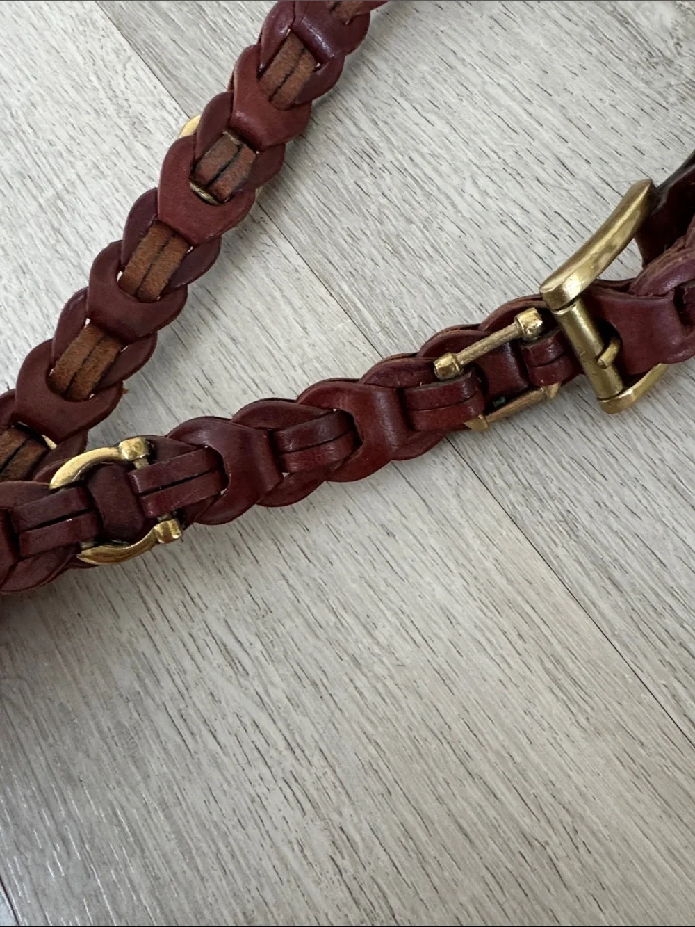 Aimee Lynn Belt Small Brown Leather Brass Buckle Braided Link Horseshoe Western